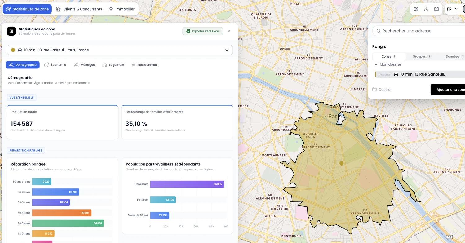 Zone de chalandise isochrone tracée autour d'un point de vente sur Zone Chalandise