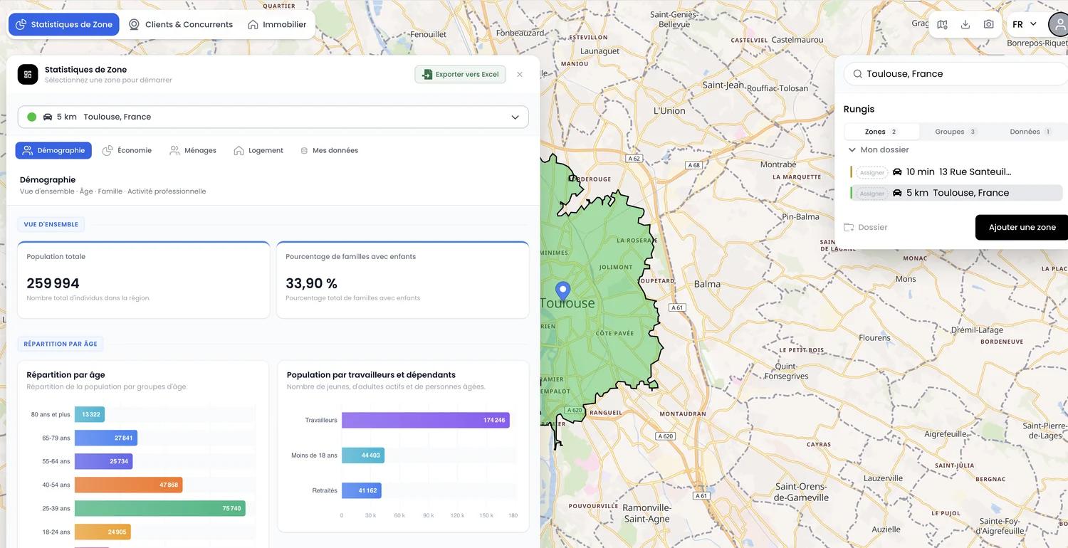Les indicateurs d'une zone de chalandise affichés à côté de la carte