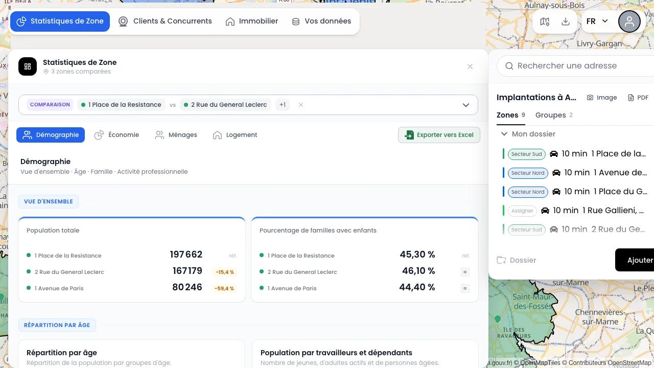 Comparaison de trois zones candidates dans le logiciel : population totale et pourcentage de familles avec enfants affichés côte à côte, avec l'écart en pourcentage par rapport à la zone de référence
