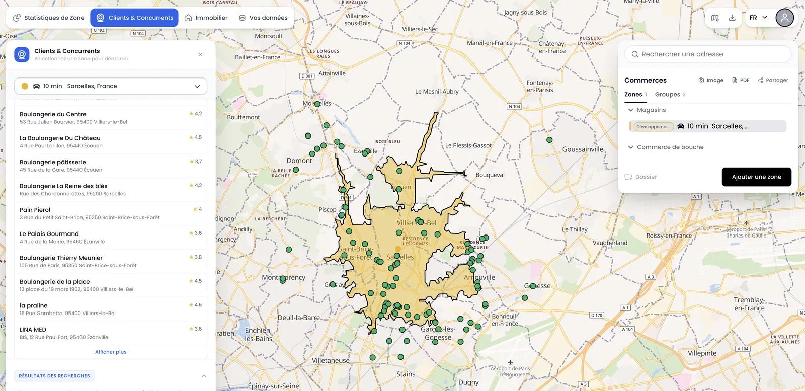Résultats d'une recherche « boulangerie » sur une zone : liste des établissements avec adresse et note, et leur position sur la carte