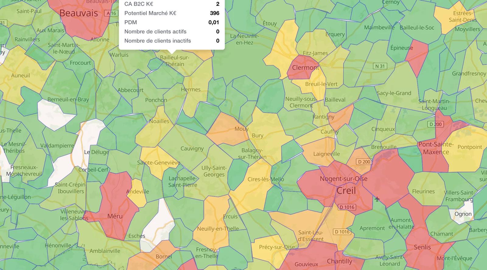 Indicateurs importés et agrégés par commune : chaque commune est colorée selon la valeur, et l'infobulle affiche le CA B2C, le potentiel de marché, la part de marché et le nombre de clients actifs et inactifs