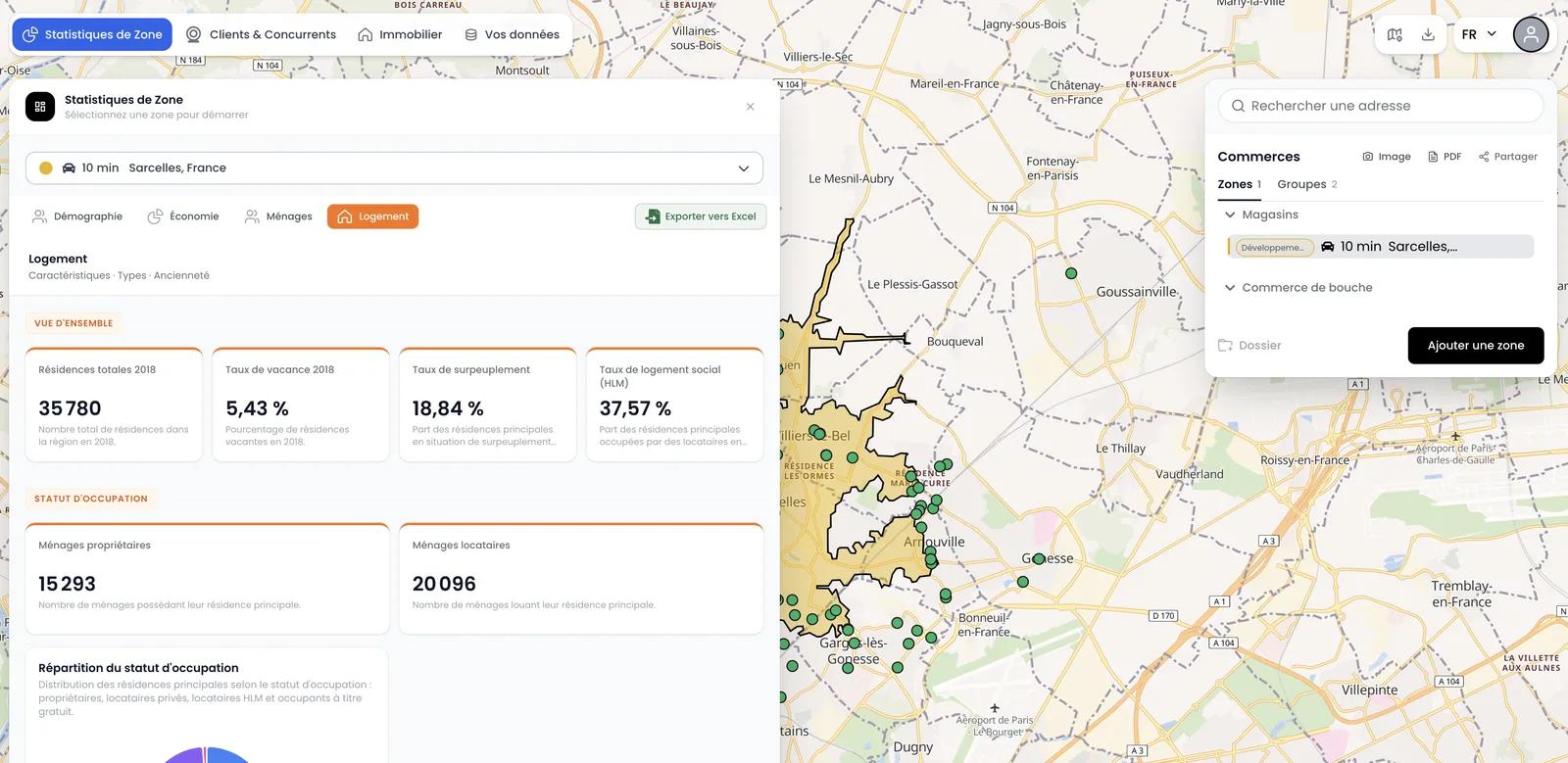 Housing tab of the area statistics: total dwellings, vacancy rate, overcrowding, social housing, owner and tenant households