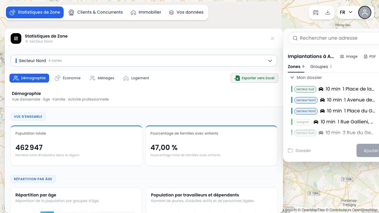 Statistiques d'un secteur commercial regroupant quatre zones : la population totale est agrégée sur l'ensemble du groupe, pas zone par zone