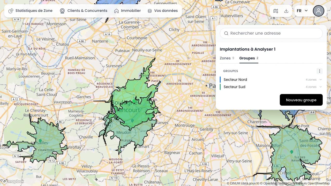 Panneau Groupes : deux secteurs commerciaux, Secteur Nord et Secteur Sud, de quatre zones chacun, avec la couleur de chaque secteur reprise sur la carte