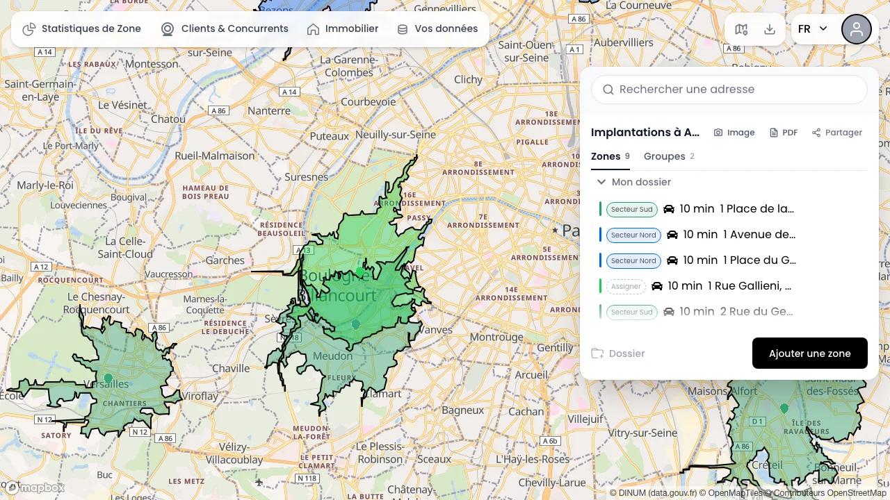 Deux zones de chalandise voisines qui se recouvrent : la surface commune apparaît en vert plus soutenu là où les deux périmètres se superposent