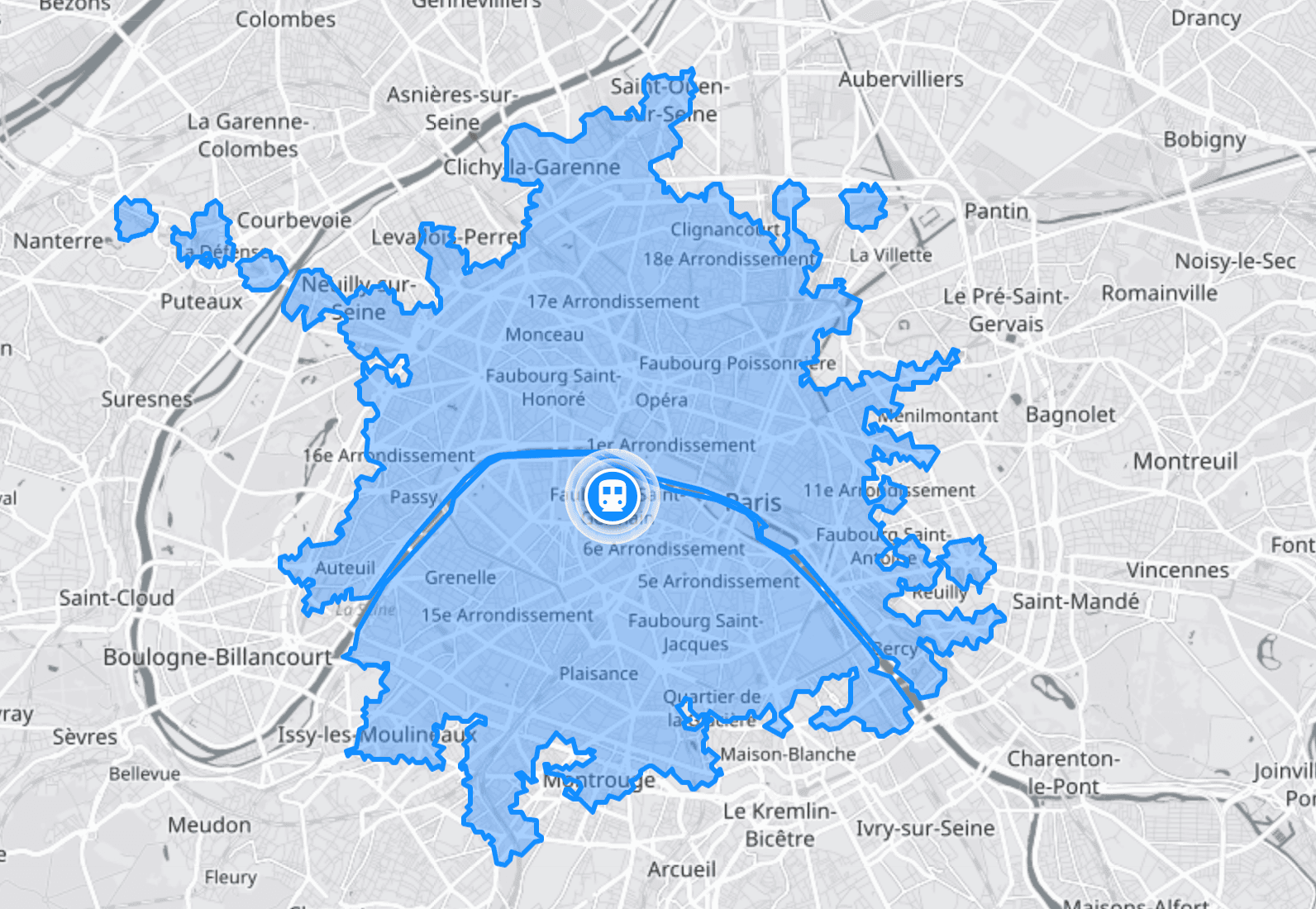 Zone de chalandise isochrone : Paris atteignable en 30 minutes en transports en commun