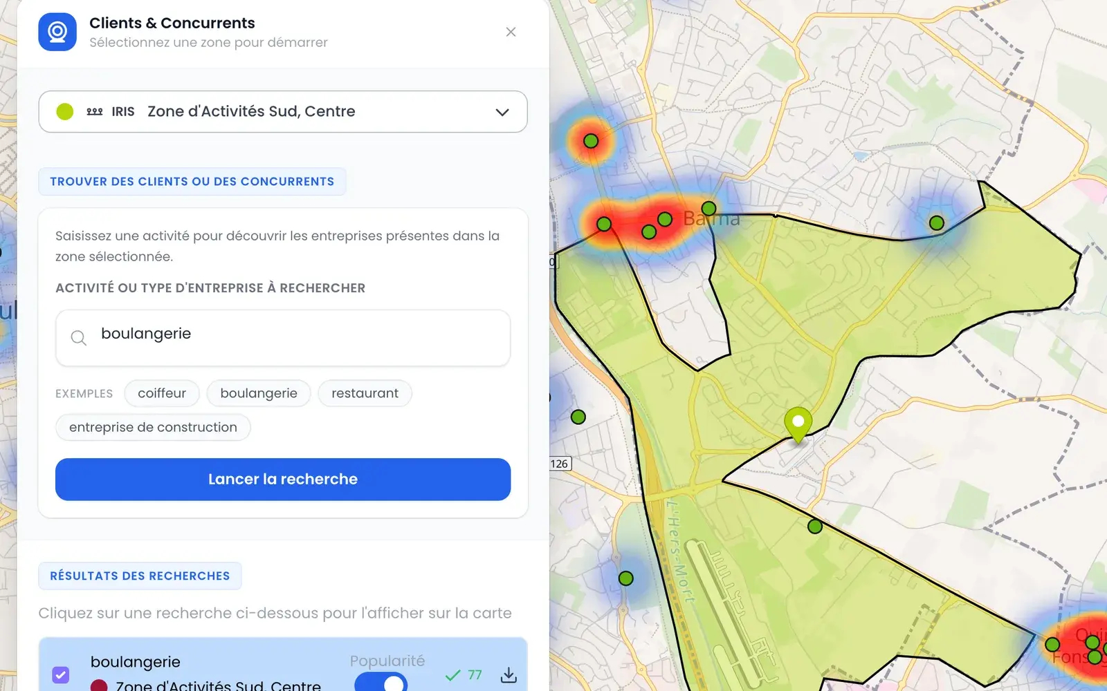 Carte des commerces d'un territoire sur Zone Chalandise