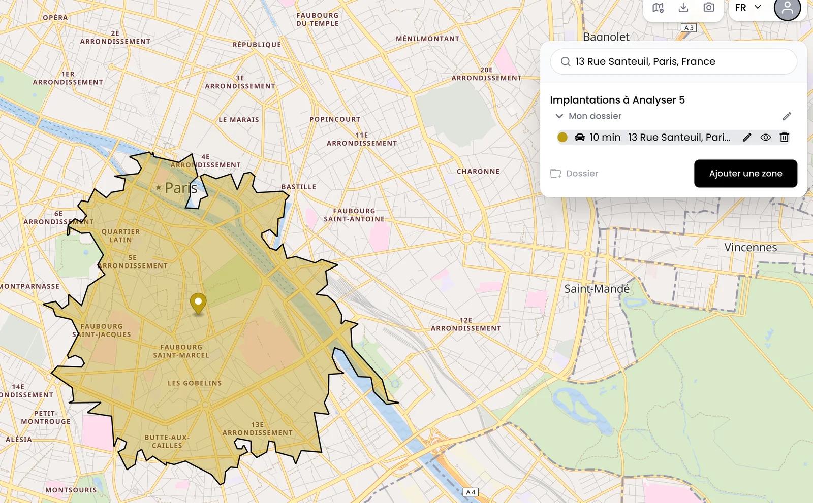 Carte isochrone : zone accessible en 10 minutes en voiture autour d'une adresse